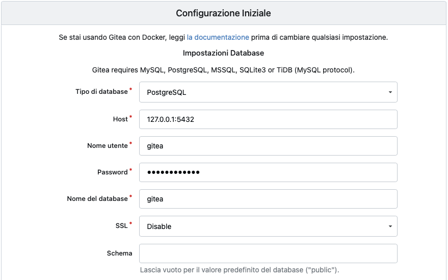 Installazione Gitea: Configurazione del database
