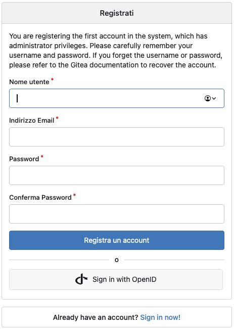 Installazione Gitea: Registrazione primo utente