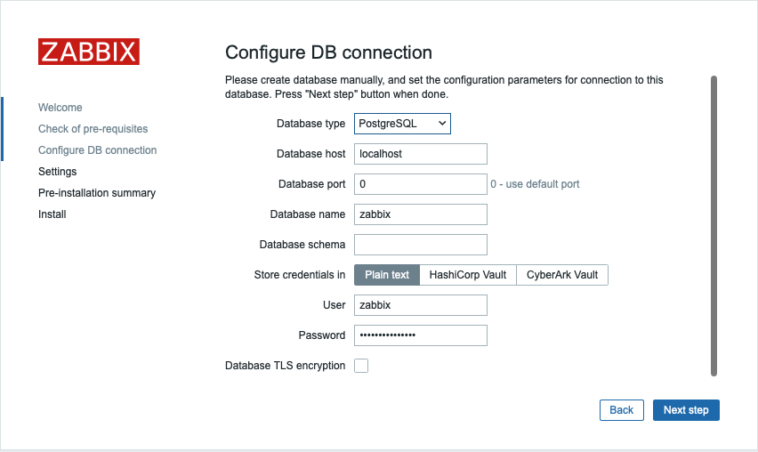Zabbix - Confermare i parametri di connessione al database