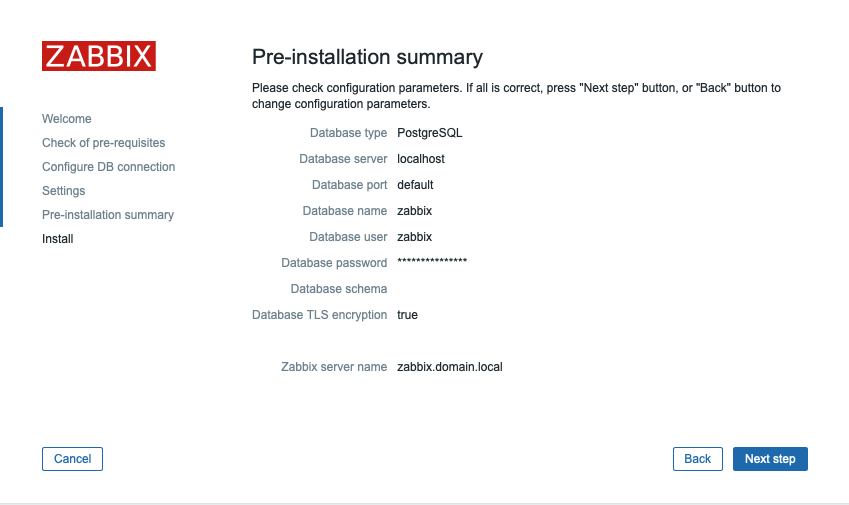 Zabbix - Riepilogo la configurazione prima della conferma