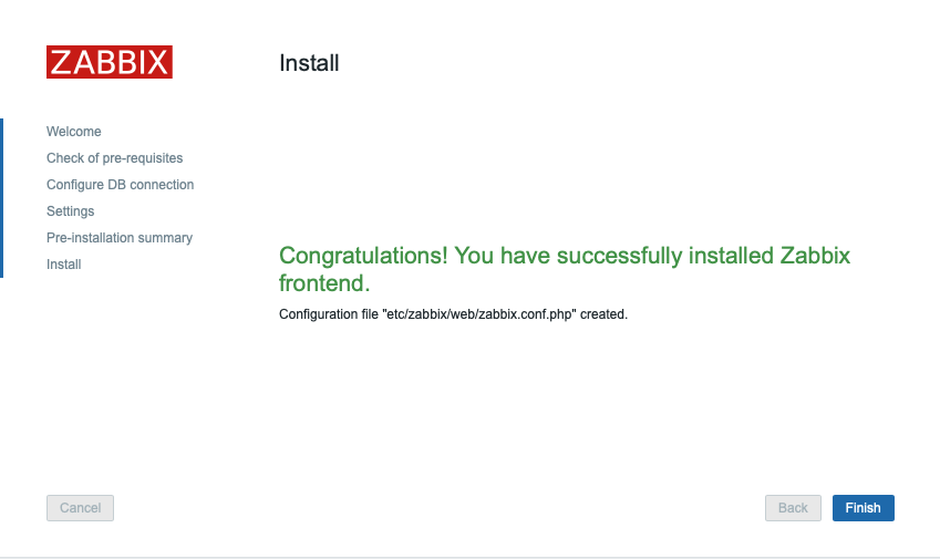 Zabbix - Esito dell'installazione, completata con successo